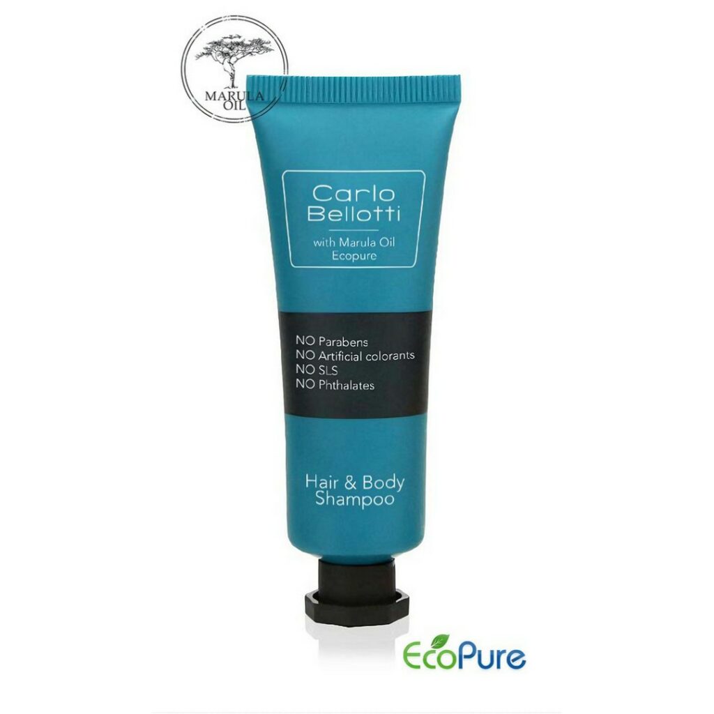 Shampoo for hair and body in a sleek blue color tube 30ml, formulated with marula oil, and Eco pure. A premium part of the Carlo Bellotti hotel toiletries collection, offering guests natural and indulgent hotel amenities.