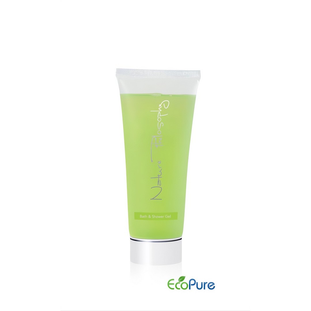 Nature Philosophy bath shower gel in a sleek transparent tube 40ml, formulated with green tea, and Eco pure. A premium part of the NATURE PHILOSOPHY hotel toiletries collection, offering guests natural and indulgent hotel amenities.