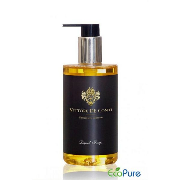 Vittore De Conti hotel liquid soap in a stylish pump bottle of 310ml, with black label and golden letters. A luxury hotel cosmetic that complements the full range of guest toiletries and exclusive hotel amenities.