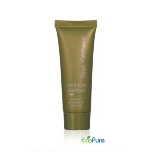 Hair and body shampoo in a sleek light olive green color tube of 30ml, and Eco pure. A premium part of the FOUR ELEMENTS hotel toiletries collection, offering guests natural and indulgent hotel amenities.