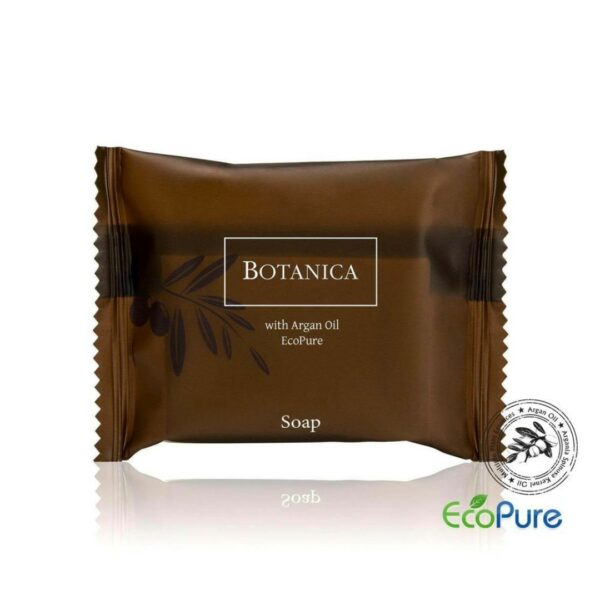 Botanica hotel soap in a sleek brown bag, formulated with argan oil. A premium part of the hotel toiletries collection, offering guests natural and indulgent hotel amenities.