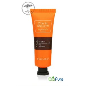 Body lotion in a sleek orange color tube 30ml, formulated with marula oil, and Eco pure. A premium part of the Carlo Bellotti hotel toiletries collection, offering guests natural and indulgent hotel amenities.