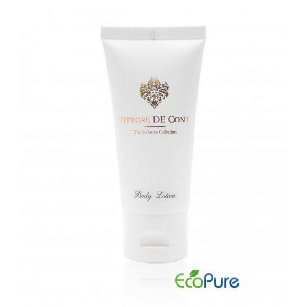 Vittore De Conti body lotion in a sleek white tube 40ml, and Eco pure. A premium part of the VITTORE DE CONTI hotel toiletries exclusive collection, offering guests natural and indulgent hotel amenities.