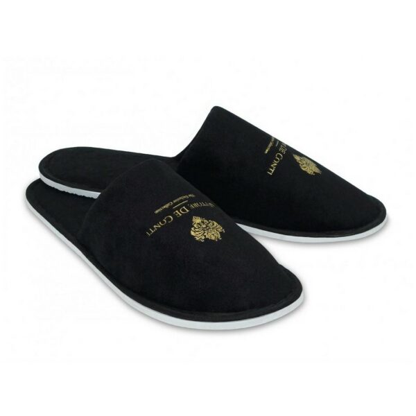 luxury hotel slippers, Vittore De Conti slippers, black hotel terry velour slippers, high-end hotel amenities, boutique hotel slippers, 5-star hotel slippers, Vittore De Conti hotel toiletries, black luxury hotel slippers, comfortable hotel slippers, luxury guest amenities, hotel slipper logo, terry velour slippers, hotel room slippers, elegant hotel slippers, plush hotel slippers, hotel comfort items, hotel guest slippers, hotel room comfort, hotel luxury items, Vittore De Conti products, luxury hotel products, hotel amenities, guest slippers, hotel essentials, hotel comfort