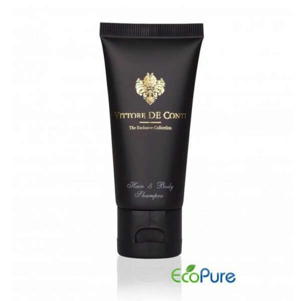 Vittore De Conti shampoo hair and body in a sleek black tube 40ml, and Eco pure. A premium part of the VITTORE DE CONTI hotel toiletries exclusive collection, offering guests natural and indulgent hotel amenities.