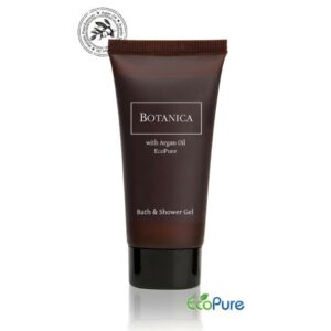 Botanica bath and shower gel in a sleek brown tube 40ml, formulated with argan oil, and Eco pure. A premium part of the BOTANICA hotel toiletries collection, offering guests natural and indulgent hotel amenities.