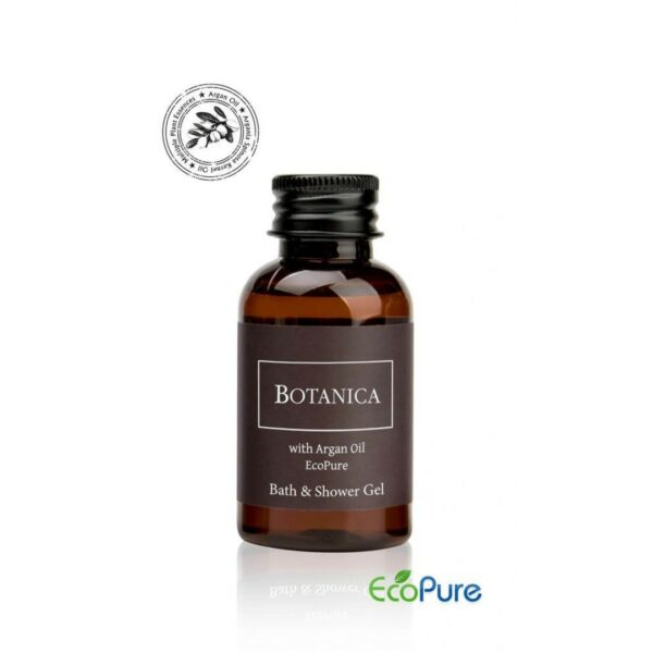 Botanica hotel bath and shower gel in a sleek brown bottle 40ml, formulated with argan oil, and Eco pure. A luxurious part of the BOTANICA hotel toiletries collection, offering guests natural and indulgent hotel amenities.