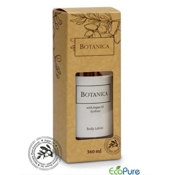 Botanica body lotion, gift edition. A white pump bottle 360ml inside in an elegant beige paper box. A premium part of the BOTANICA hotel toiletries collection, natural and indulgent hotel amenities.