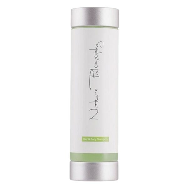 Nature Philosophy hair and body shampoo in a elegant white sleek press bottle of 300ml, formulated with green tea, and Eco pure. A premium part of the NATURE PHILOSOPHY hotel toiletries collection, offering guests natural and indulgent hotel amenities.