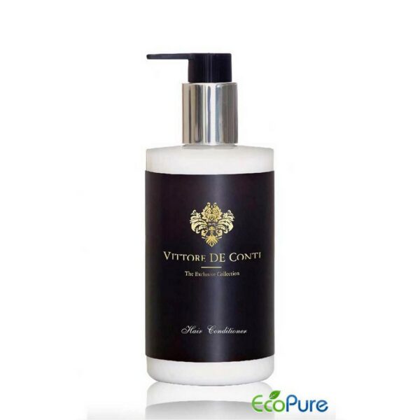 Vittore De Conti hotel hair conditioner in a stylish pump bottle of 310ml, with black label and golden letters. A luxury hotel cosmetic that complements the full range of guest toiletries and exclusive hotel amenities.