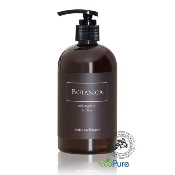 Botanica hotel hair conditioner in a elegant brown pump bottle of 360ml, formulated with argan oil, and Eco pure. A premium part of the BOTANICA hotel toiletries collection, offering guests natural and indulgent hotel amenities.