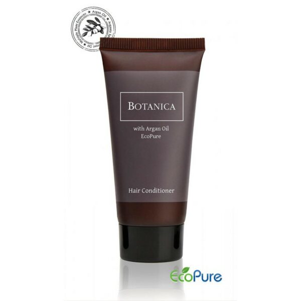 Botanica hotel hair conditioner in a sleek brown tube 40ml, formulated with argan oil, and Eco pure. A premium part of the BOTANICA hotel toiletries collection, offering guests natural and indulgent hotel amenities.