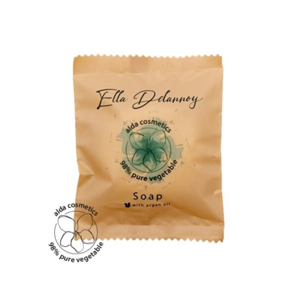 Hotel hand soap 25 grams in a yellow paper bag, formulated with argan oil, 98% natural ingredients, vegan, and Eco pure. A premium part of the Ella Delannoy hotel toiletries collection, offering guests natural and indulgent hotel amenities.