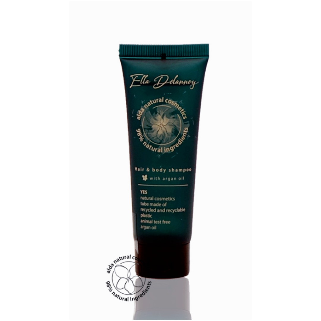 Hotel shampoo for hair and body in a sleek green-blue tube 30ml, formulated with argan oil, 98% natural ingredients, vegan, and Eco pure. A premium part of the Ella Delannoy hotel toiletries collection, offering guests natural and indulgent hotel amenities.