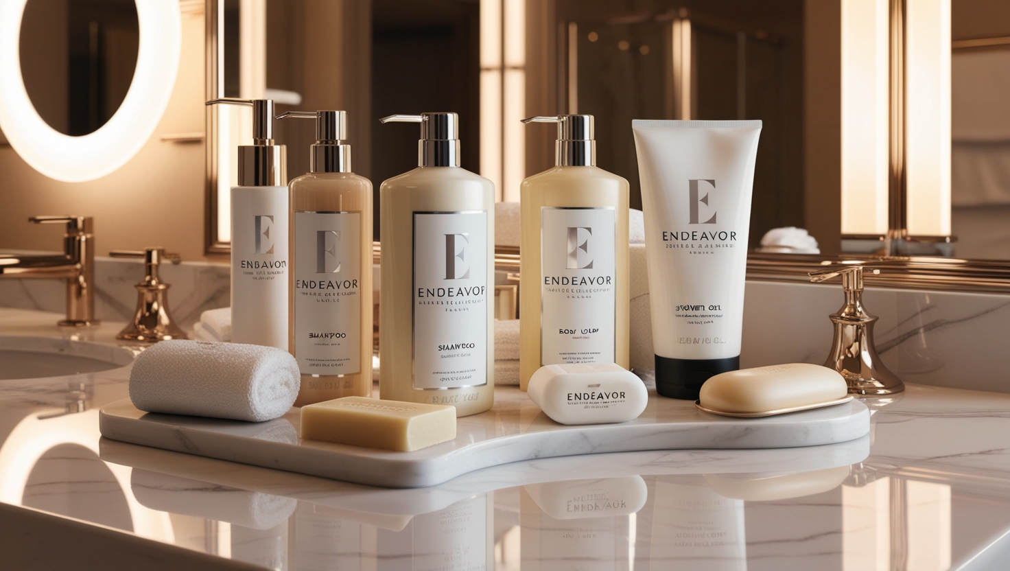 Elegant display of best luxury hotel cosmetics in Europe provided from ENDEAVOR, featuring beautifully designed bottles of shampoo, shower gel, body wash, soap, hair conditioner, and body lotion. The hotel toiletries are in a sleek dish, enhancing the feeling of luxury, relaxation and guest comfort. These premium guest toiletries elevate the hotel amenities, offering a refined experience for guests.