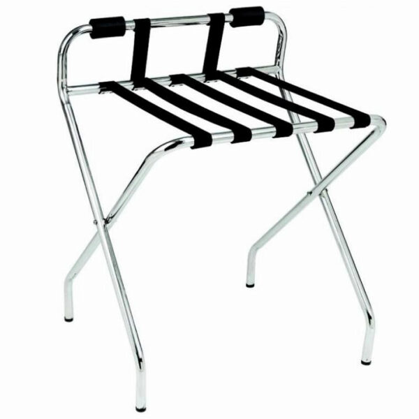 Luggage rack foldable from stainless steel with sturdy black straps, for hotel rooms, designed to support guests' suitcases. This essential hotel room appliance contributes to guest comfort by offering a practical space for luggage, enhancing overall hotel amenities.