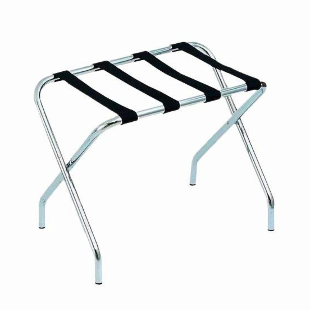 Luggage rack foldable from stainless steel with sturdy black straps, for hotel rooms, designed to support guests' suitcases. This essential hotel room appliance contributes to guest comfort by offering a practical space for luggage, enhancing overall hotel amenities.