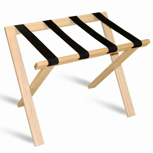 Wooden foldable luggage rack with sturdy black straps, designed to support guests' suitcases. This essential hotel room appliance contributes to guest comfort by offering a practical space for luggage, enhancing overall hotel amenities.