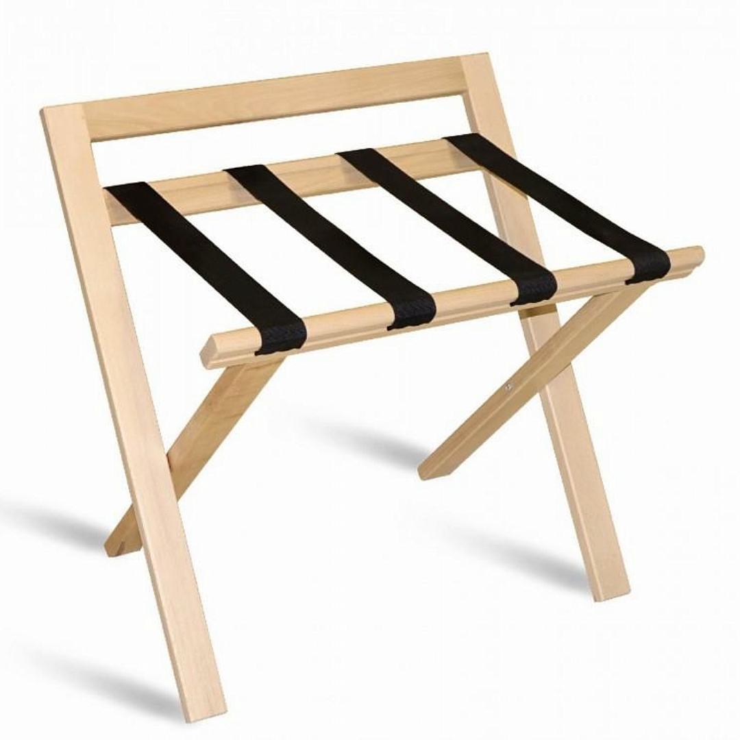 Wooden foldable luggage rack, with sturdy black straps, designed to support guests' suitcases. This essential hotel room appliance contributes to guest comfort by offering a practical space for luggage, enhancing overall hotel amenities.