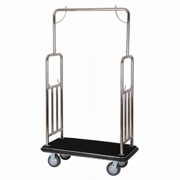 Hotel luggage trolley cart, stainless steel with a sleek black base, designed for guest comfort in luxury hotel lobbies. A stylish hotel amenity that adds a touch of sophistication.