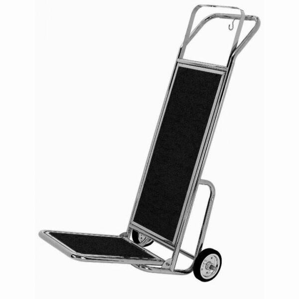 Compact hotel hand luggage cart, stainless steel with a black panel, perfect for convenient guest service in luxury hotel lobbies. A refined addition to hotel amenities, promoting guest comfort.