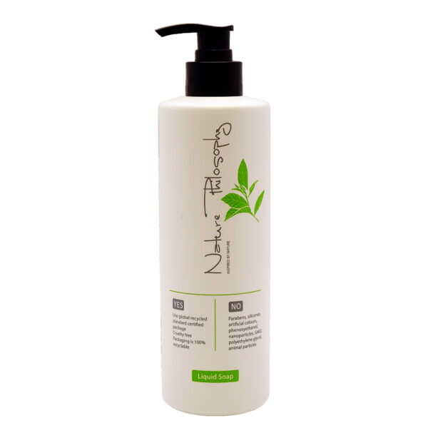 Nature Philosophy hotel liquid soap in a sleek white pump bottle 450ml, formulated with green tea, and Eco pure. A premium part of the NATURE PHILOSOPHY hotel toiletries collection, offering guests natural and indulgent hotel amenities.