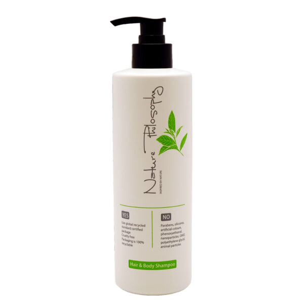 Nature Philosophy hair and body shampoo in a sleek white pump bottle 450ml, formulated with green tea, and Eco pure. A premium part of the NATURE PHILOSOPHY hotel toiletries collection, offering guests natural and indulgent hotel amenities.