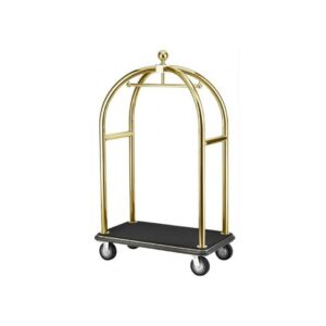 Luxurious hotel luggage trolley cart with a gold color steel frame and black carpet base, ideal for hotel lobbies. Enhances guest comfort and elevates the elegance of luxury hotel amenities.