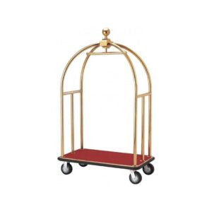 Luxurious hotel luggage trolley cart with a gold color steel frame and vibrant red base, ideal for hotel lobbies. Enhances guest comfort and elevates the elegance of luxury hotel amenities.