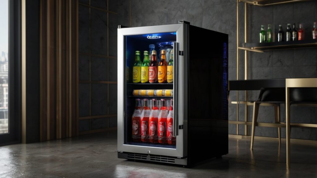 Luxury hotel minibar with glass door and black - silver color, stocked with a variety of drinks and refreshments, a premium hotel amenity for guest convenience.