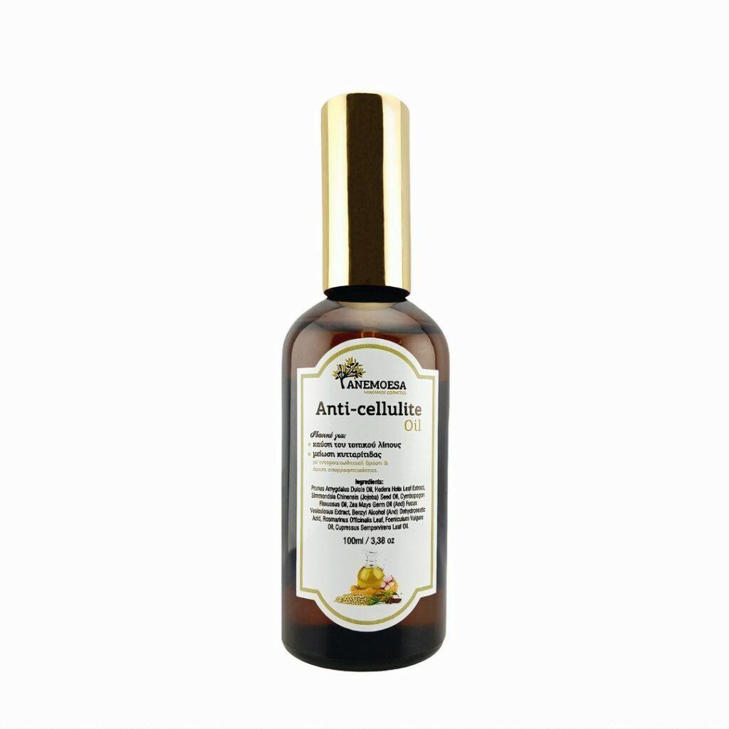 Anti cellulite massage body oil in a stylish sleek glass bottle of 100ml with gold colored cap, from ANEMOESA. This natural organic handmade cosmetic is aimed for the reduction of cellulite and the local skin fat burning.