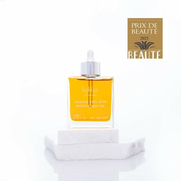 Kyklos orange peel skin improvement oil, award-winning cosmetic for reducing cellulite, displayed in a square glass bottle of 100ml with a dropper. This premium bio organic product enhances skin texture naturally.