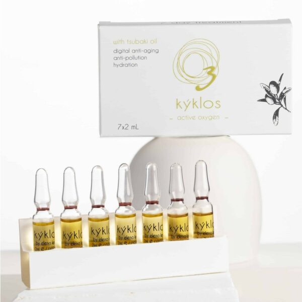 Seven ampoules of 2ml each, with natural tsubaki and olive oil for face and neck, a geisha secret, from the Kyklos brand. Organic natural cosmetics focused on skin hydration, with an anti-aging effect and protection against pollution. Organic composition for modern skin care, exclusively from ENDEAVOR