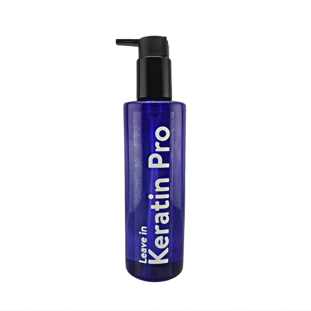 Hair lotion with keratin in a stylish blue pump bottle 250ml. A luxury lotion made from organic and natural ingredients and keratin for hair treatment.