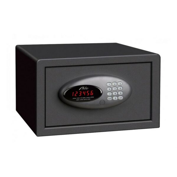 A sleek dark grey digital mini vault, safe locker, aimed for use in hotel room from guests for keeping valuable things. A stylish hotel amenity for guest comfort.