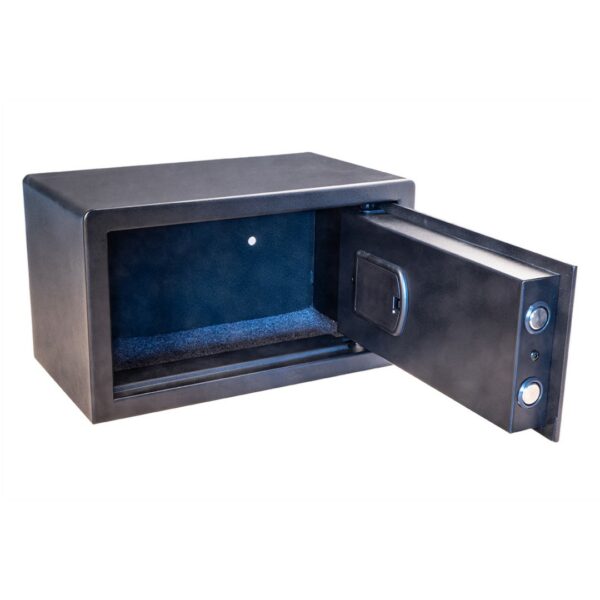 The inside of a sleek dark grey digital mini vault, safe locker, aimed for use in hotel room from guests for keeping valuable things. A stylish hotel amenity for guest comfort.