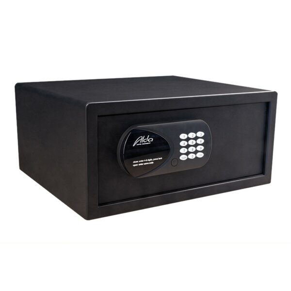 A sleek dark grey digital mini vault, safe locker, aimed for use in hotel room from guests for keeping valuable things. This vault can keep inside a 15.6 inches notebook. A stylish hotel amenity for guest comfort.