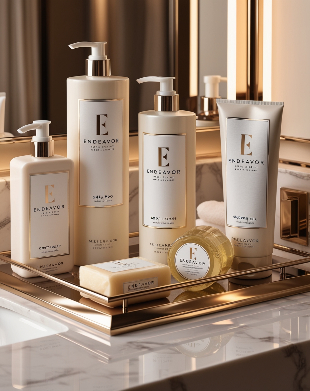 Elegant display of best luxury hotel toiletries in Europe provided from ENDEAVOR, featuring beautifully designed white pump bottles of shampoo, shower gel, body wash, soap, hair conditioner, and body lotion. The hotel toiletries are in a sleek golden colored dish, enhancing the feeling of luxury, relaxation and guest comfort. These premium guest toiletries elevate the hotel amenities, offering a refined experience for guests.