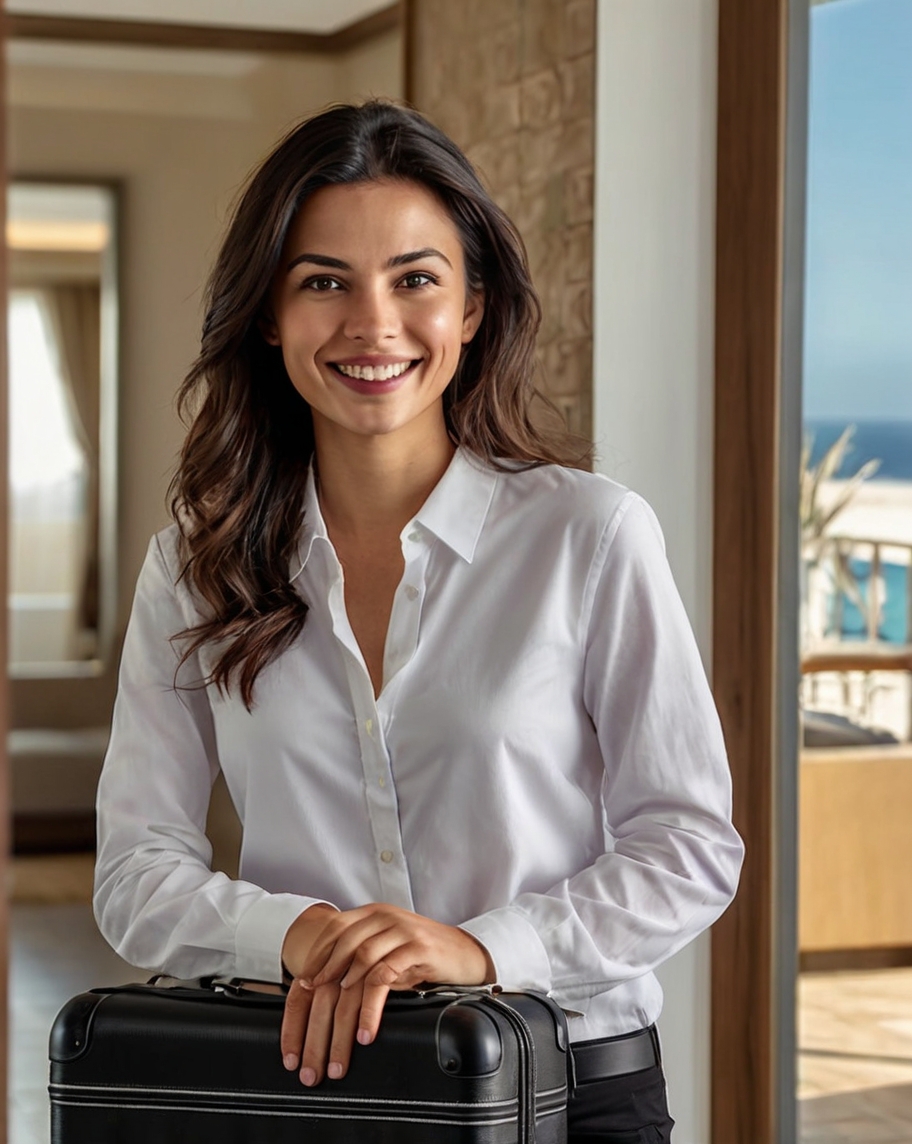 Smiling woman in a luxury hotel, having her hands up on an elegant luggage. Ready to experience premium hotel amenities and luxury hotel cosmetics from ENDEAVOR tailored for guest comfort and care.