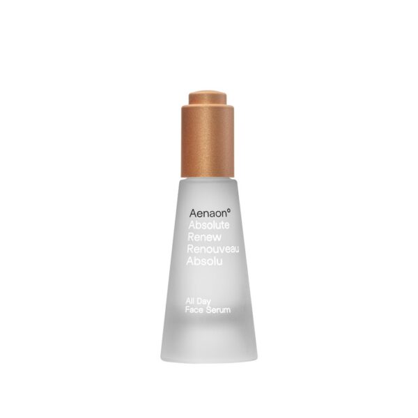 A 30ml bottle of Aenaon Absolute Renew All Day Face Serum showcasing luxury skincare. The frosted glass bottle with a golden cap emphasizes the premium quality of this anti-aging, anti wrinkle natural organic cosmetic, ideal for organic skincare enthusiasts seeking the best natural and luxury cosmetics.