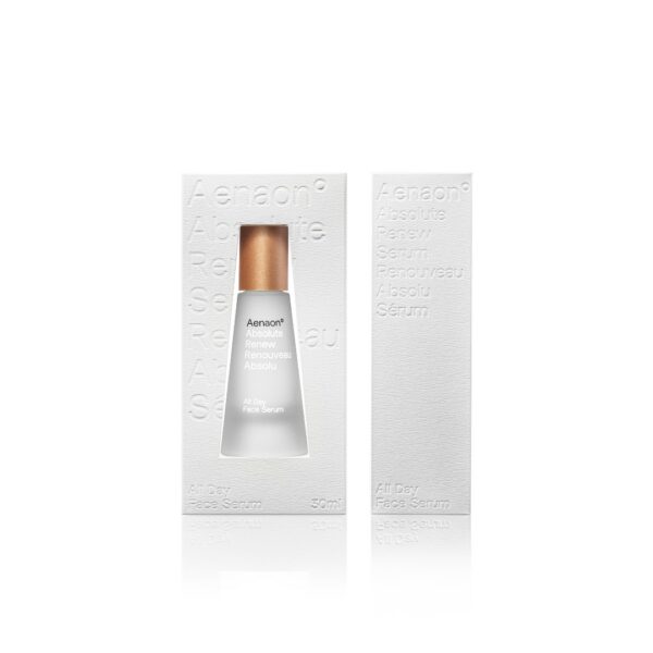 A 30ml bottle of Aenaon Absolute Renew All Day Face Serum displayed in elegant white packaging, showcasing luxury skincare. The frosted glass bottle with a golden cap emphasizes the premium quality of this natural organic cosmetic, ideal for organic skincare enthusiasts seeking the best natural and luxury cosmetics.