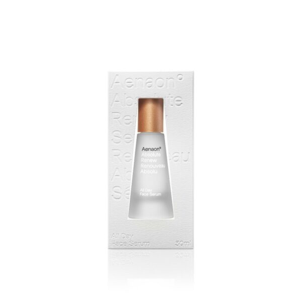 A 30ml bottle of Aenaon Absolute Renew All Day Face Serum displayed in elegant white packaging, showcasing luxury skincare. The frosted glass bottle with a golden cap emphasizes the premium quality of this natural organic cosmetic, ideal for organic skincare, anti-aging serum, enthusiasts seeking the best natural and luxury cosmetics.