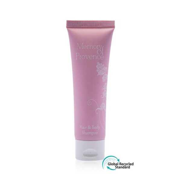 Hotel shampoo hair and body in a sleek pink tube 35ml. A premium part of the Memory Of Provence hotel toiletries brand, offering guests natural and indulgent hotel amenities.