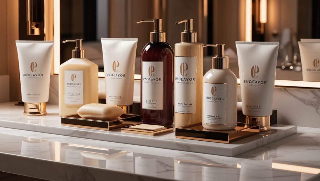 Elegant display of premium hotel toiletries, featuring beautifully designed bottles of shampoo, conditioner, and lotion, soap bar and toiletries in tubes. The hotel toiletries are neatly arranged up on a marble countertop. These premium guest toiletries elevate the hotel amenities, offering a refined experience for guests.