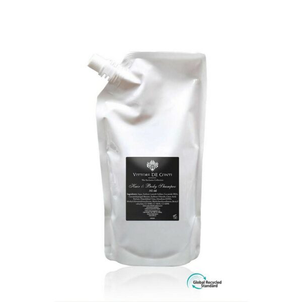 Vittore De Conti hotel hair and body shampoo in a white bag of 310ml, Eco pure, aimed to refill pump dispenser bottles. A premium part of the Vittore De Conti hotel toiletries collection, offering guests natural and indulgent hotel amenities.