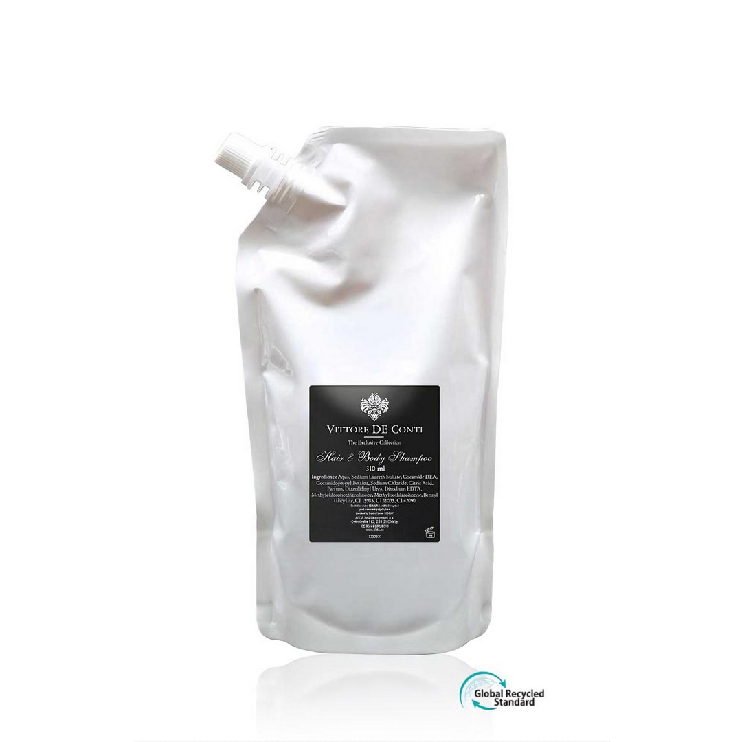 Vittore De Conti hotel hair and body shampoo in a white bag of 310ml, Eco pure, aimed to refill pump dispenser bottles. A premium part of the Vittore De Conti hotel toiletries collection, offering guests natural and indulgent hotel amenities.