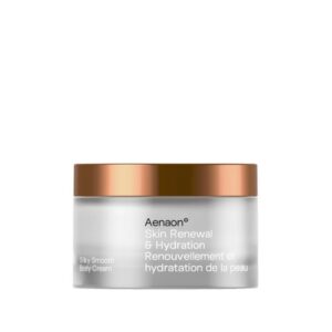 A luxurious 200ml of Aenaon Skin Renewal & Hydration body cream showcasing luxury organic skincare. The frosted glass pack with a golden cap emphasizes the premium quality of this natural organic cosmetic, ideal for organic skincare enthusiasts seeking the best natural and luxury cosmetics.