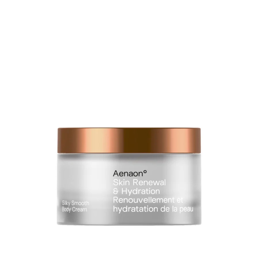 A luxurious 200ml of Aenaon Skin Renewal & Hydration body cream showcasing luxury organic skincare. The frosted glass pack with a golden cap emphasizes the premium quality of this natural organic cosmetic, ideal for organic skincare enthusiasts seeking the best natural and luxury cosmetics.