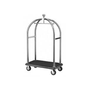 Luxurious hotel luggage trolley cart with a shiny stainless steel frame and vibrant black carpet base, ideal for hotel lobbies. Enhances guest comfort and elevates the elegance of luxury hotel amenities.