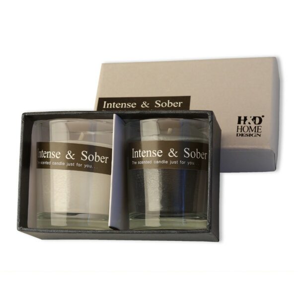 Luxury candles set featuring 'Intense & Sober' scented candles in elegant glass containers, perfect for gifting or home decor